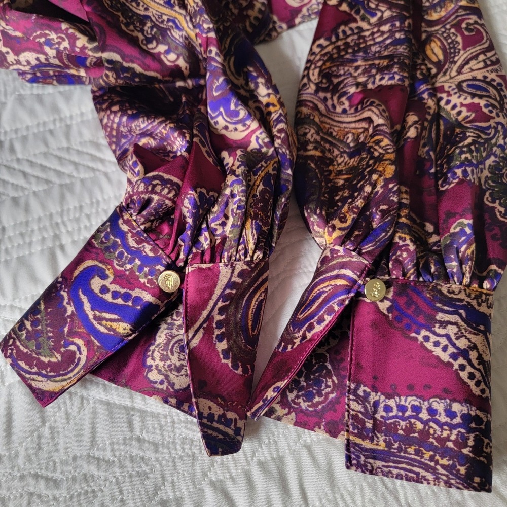 Lauren Ralph Lauren Black Label Paisley Satin Charmeuse‎ Tie-Neck Blouse Small - Picture 10 of 12